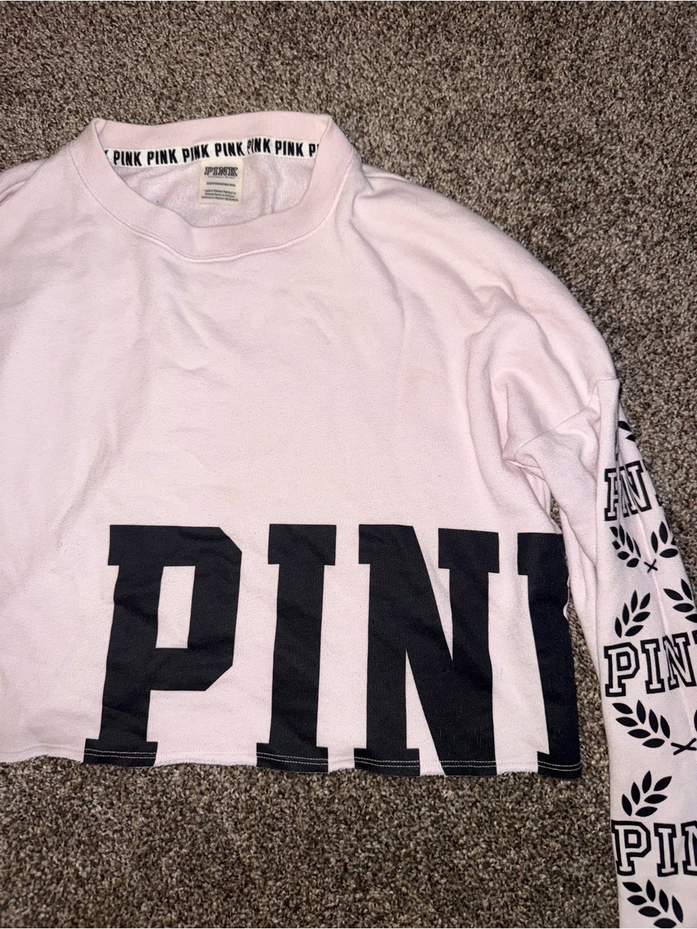 PINK Victoria's Secret Light Pink Cropped Sweatshirt with Black Logo